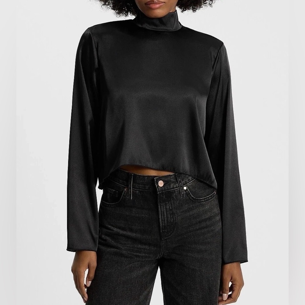 Express Women's Long Sleeve Top Size M Black Satin Cropped Mock Neck NWT $44